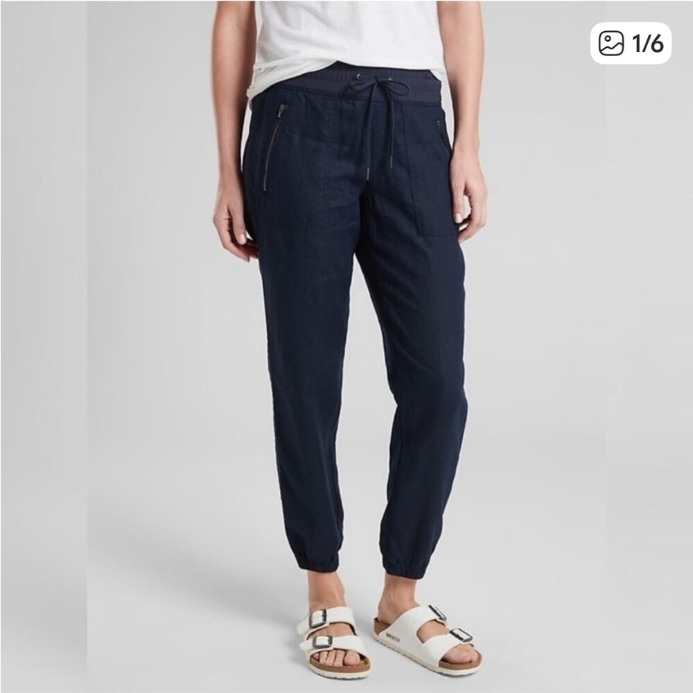 Athleta 100% Linen Navy Jogger Pants Cabo 405720 Summer Capsule Neutral Size 6